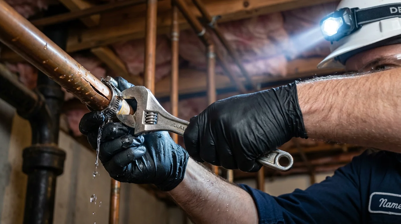 Emergency pipe clamp repair being performed by a Johns Plumbing LLC plumber in Elkton