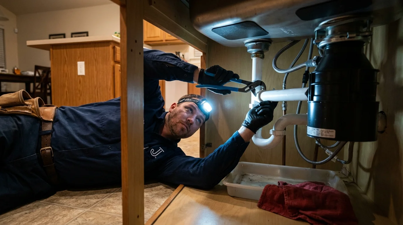 P-trap and supply line connections under a kitchen sink showing a common leak point in Elkton, KY